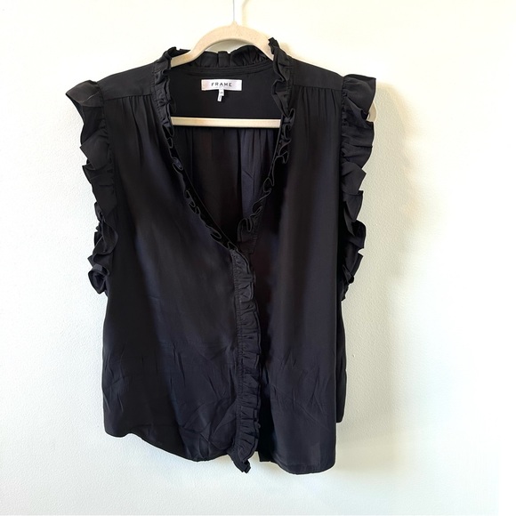 FRAME black 100% silk ruffle blouse size large - Picture 3 of 9